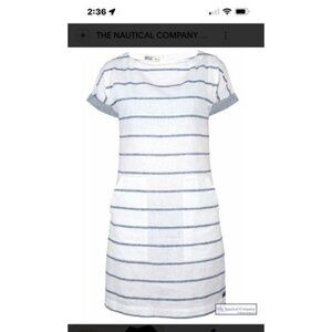 Vestido Batela Linen Cotton White Blue Stripe Pocket Shift Dress Coastal 40 US s
